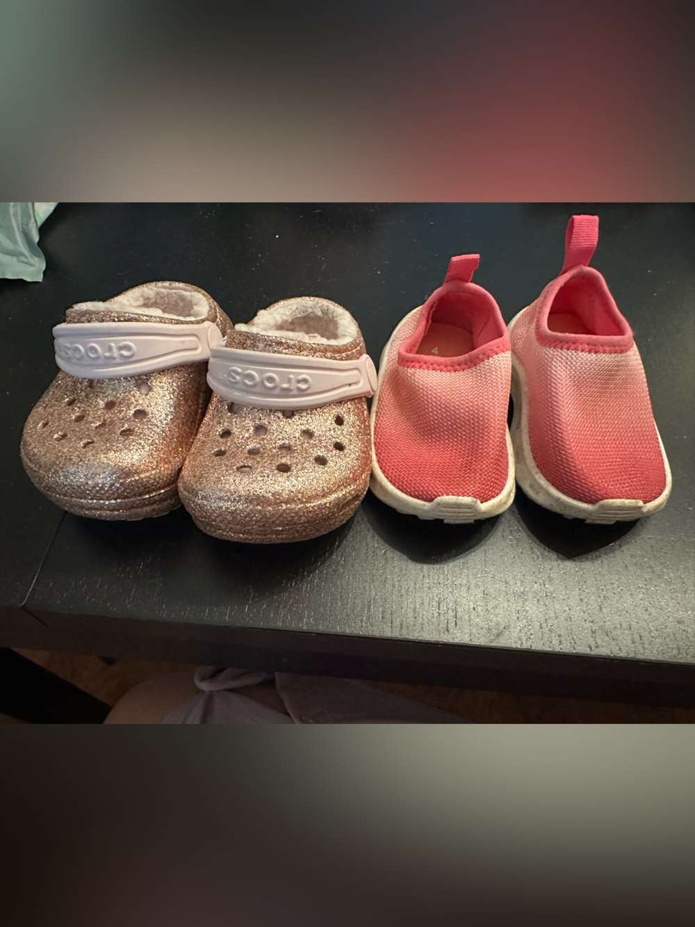 CROCS Kids Glitter Rose Gold Clogs + Coral Slip-On Pair